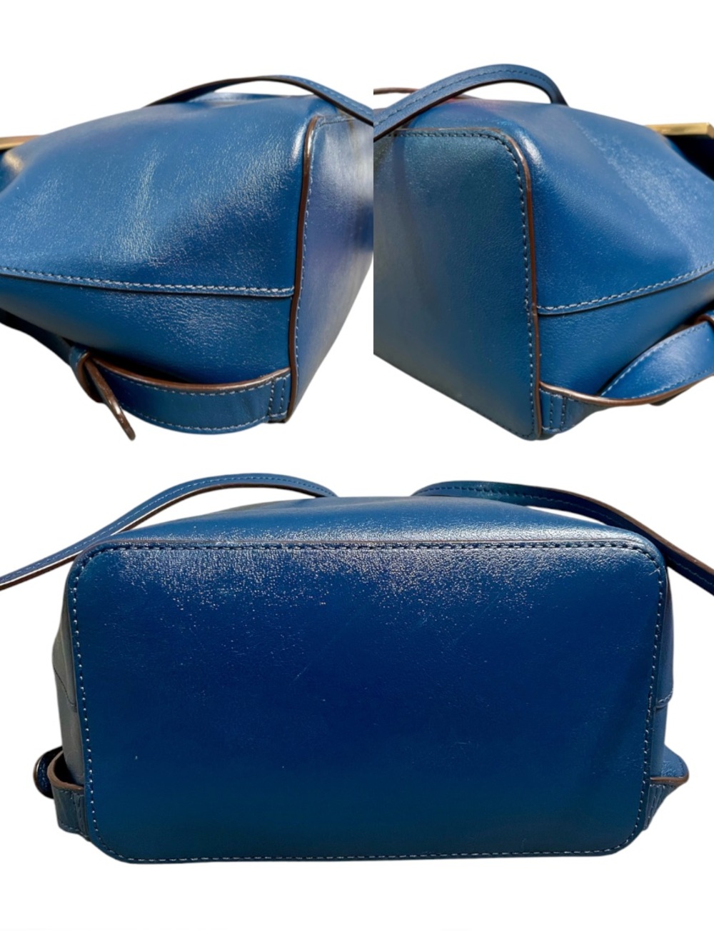 Donna Karan Blue Leather Drawstring Backpack with Gold Bar Accent & Snap Closure - Picture 7 of 8